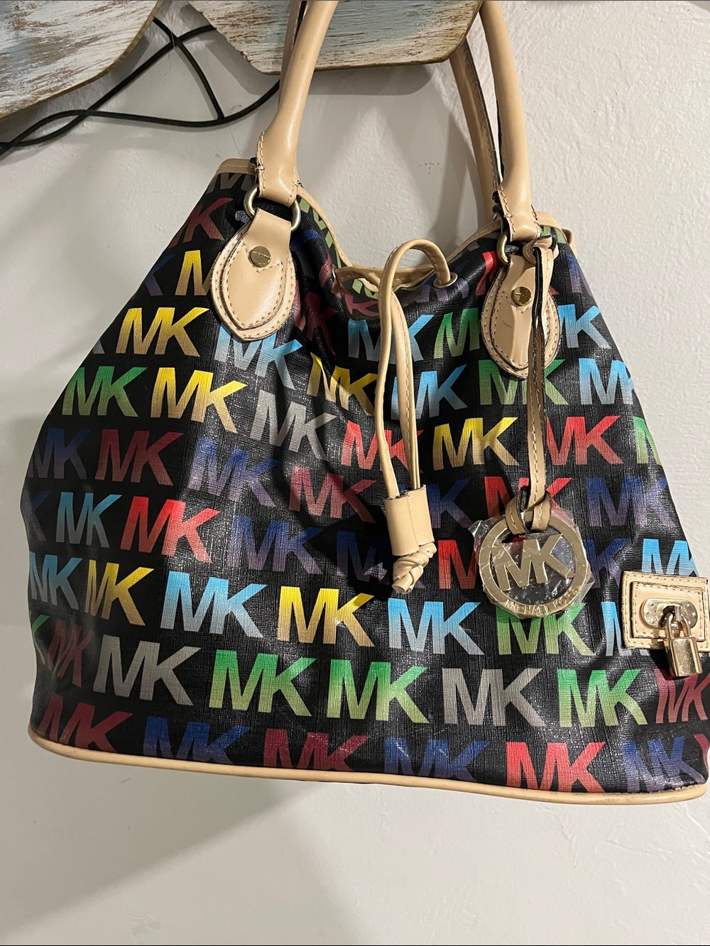 Michael Kors Black Multicolor MK Logo Tote with Cream Trim